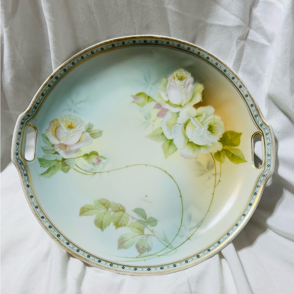 J S Germany 1911 - 1932 “White Rose” Art Deco, handled porcelain serving plate